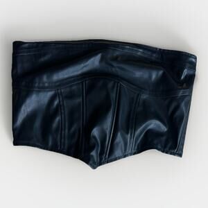 ANWND Faux Leather Bustier Crop Top Black Zip Back Strapless Corset Style Size M